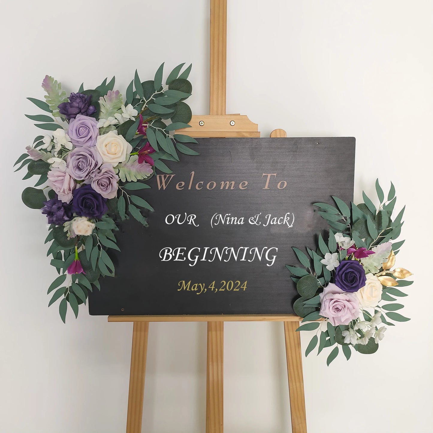 Yannew Artificial Wedding Arch Flowers Kit Boho Dusty Rose Blue Eucalyptus Garland Drapes for Wedding Decorations Welcome Sign
