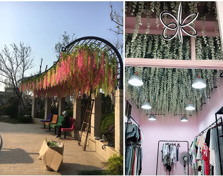 12pcs Wisteria Artificial Flowers Vine Wreath Wedding Arch Decoration Leaf Rattan Trailing Silk Flower Ivy Wall Decor Plants
