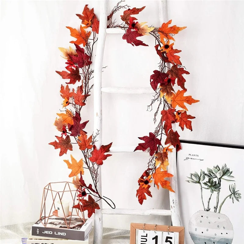 2.4M Artificial Vine Red Autumn Maple Leaf Fake Garland Plants Foliage String Christmas Garden For Wedding Party Home Decoration