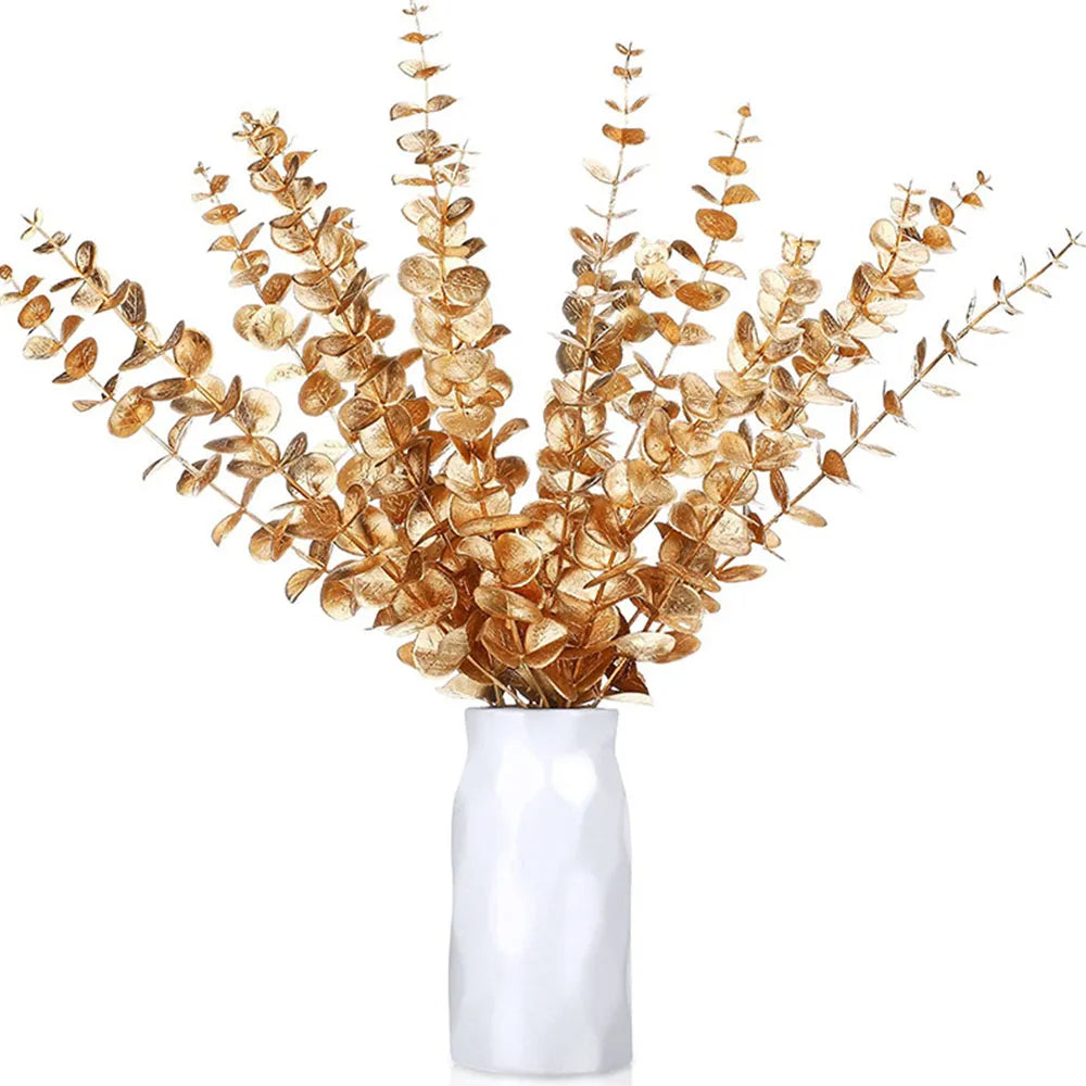 5pcs/Lot Artificial Gold Eucalyptus Branch Stem Artificial Plants for Home Wedding Flower Arrangement Greenery Decoration