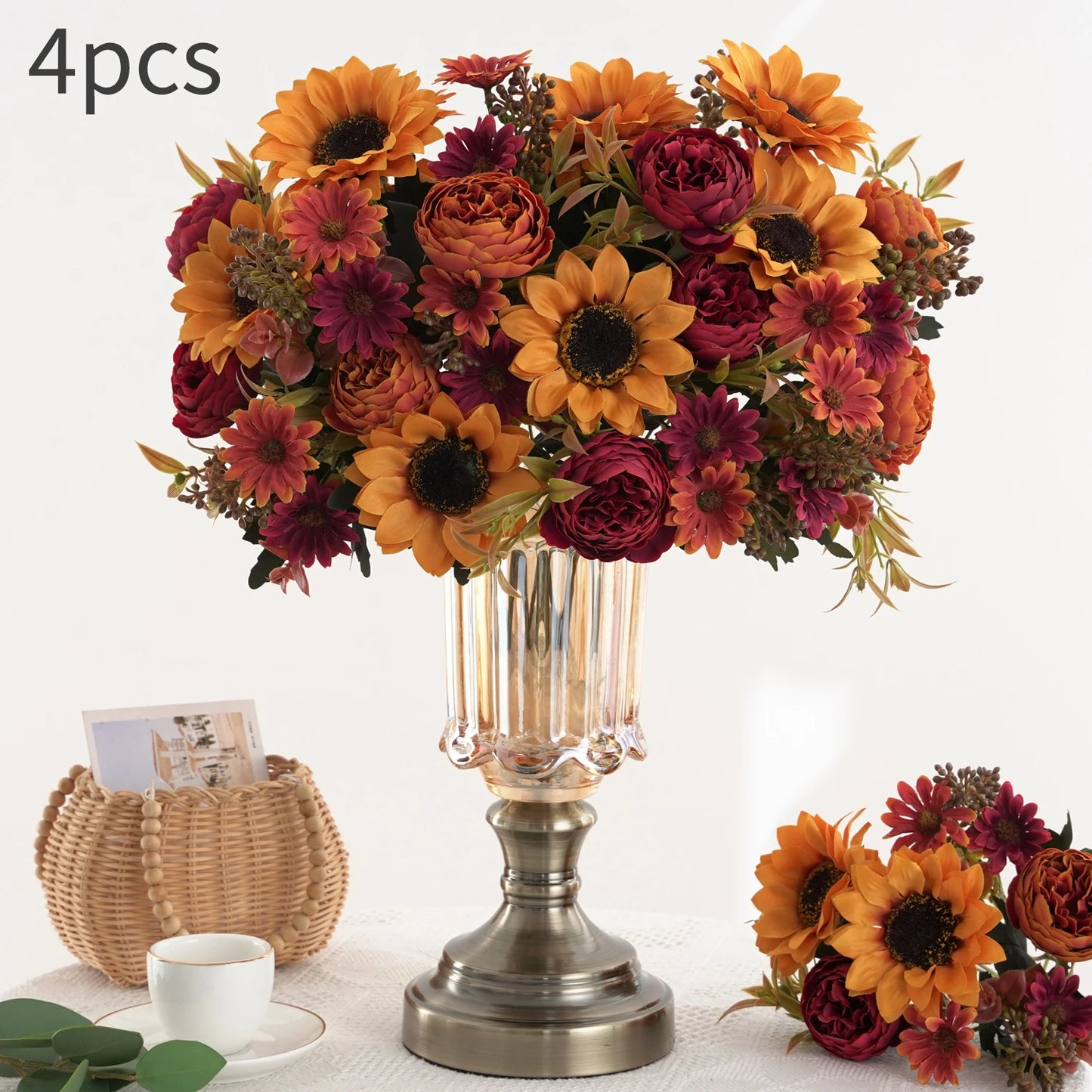 1/4pcs Sunflowers peony Artificial Flowers  Fall Summer Decor, Fake Fall Flowers Silk Faux Sunflower Bouquet Arrangement for Vas