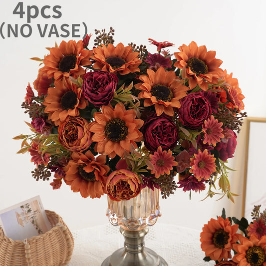 1/4pcs Sunflowers peony Artificial Flowers  Fall Summer Decor, Fake Fall Flowers Silk Faux Sunflower Bouquet Arrangement for Vas
