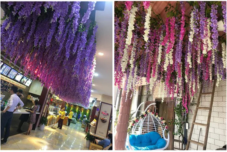 12pcs Wisteria Artificial Flowers Vine Wreath Wedding Arch Decoration Leaf Rattan Trailing Silk Flower Ivy Wall Decor Plants