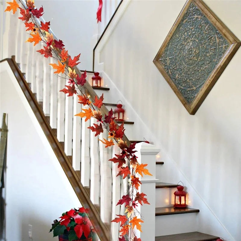 2.4M Artificial Vine Red Autumn Maple Leaf Fake Garland Plants Foliage String Christmas Garden For Wedding Party Home Decoration