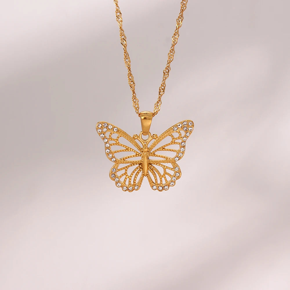 E.B.belle Jewelry Stainless Steel 18K Gold Plated 3A Zircon Stone Luxury Butterfly Pendant Necklace Crystal Butterfly Necklace