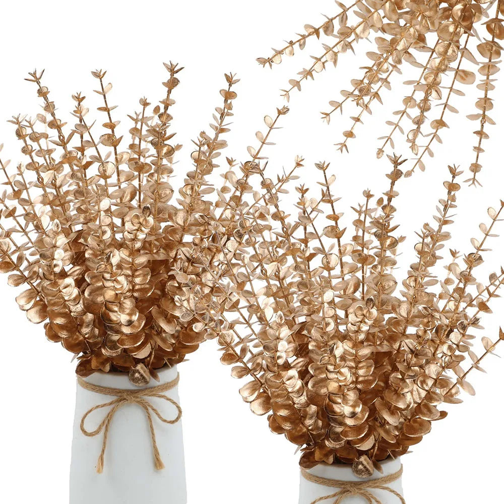 5pcs/Lot Artificial Gold Eucalyptus Branch Stem Artificial Plants for Home Wedding Flower Arrangement Greenery Decoration