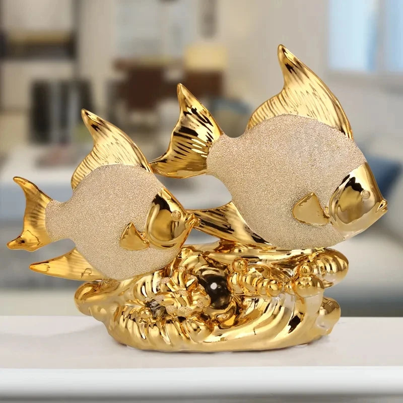 Wedding Decor Crafts Ceramic Creative Room Decoration Handicraft Gold Couple Fish Porcelain Figurines Decorations W5166