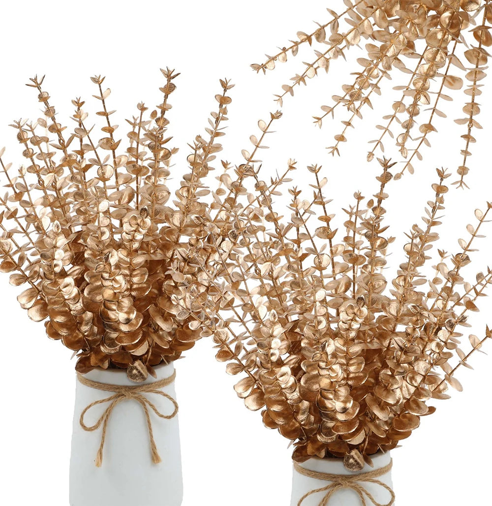 5pcs/Lot Artificial Gold Eucalyptus Branch Stem Artificial Plants for Home Wedding Flower Arrangement Greenery Decoration