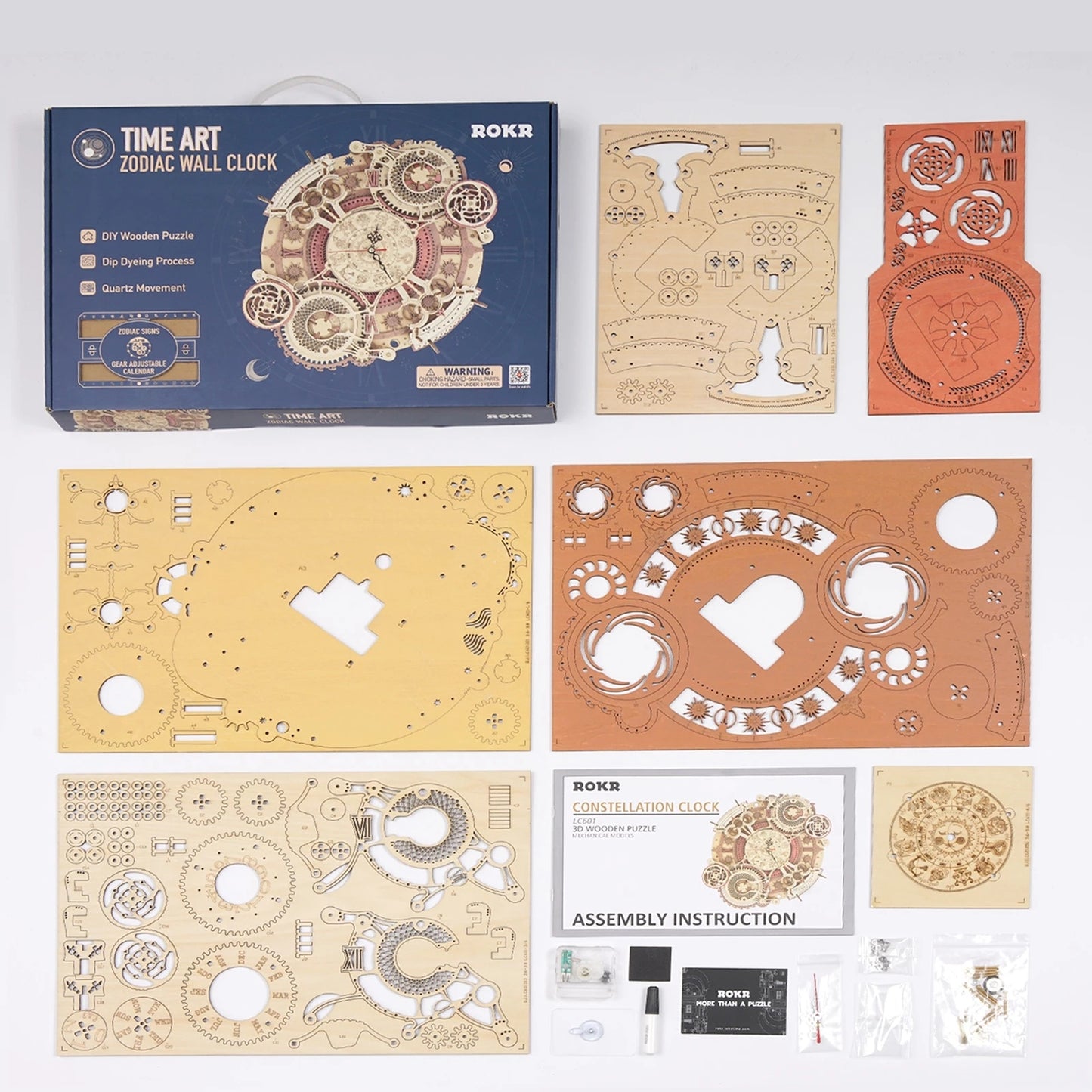 Robotime ROKR Zodiac Wall Clock 3D Wooden Puzzle Model Assembly Toys Gifts for Children Kids Teens